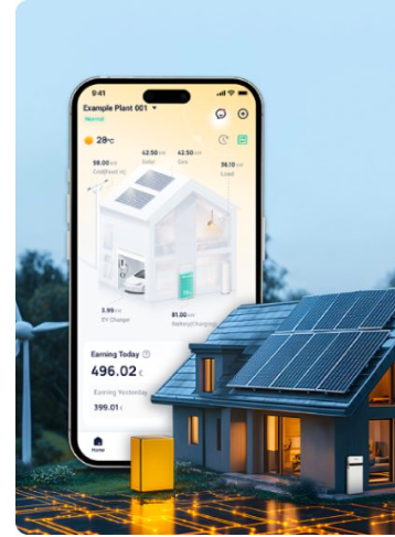 Güneş panelli ev önünde mobil enerji izleme uygulaması